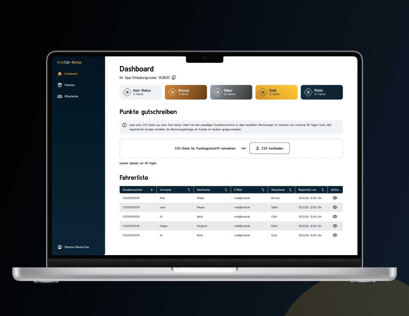 Car-Bonus Dashboard: Fahrerliste, Statuslevel und Punktegutschrift